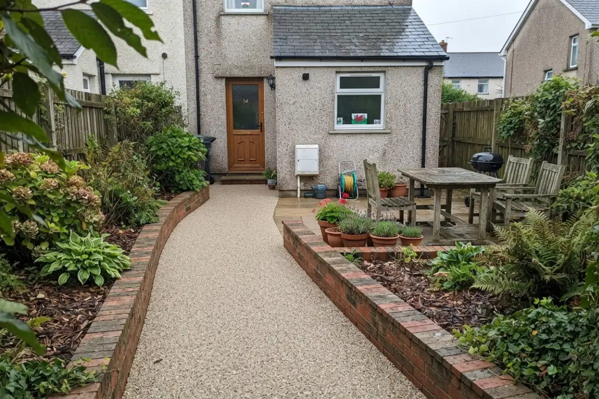 Curved resin bound garden path with brick edging leading to a patio seating area