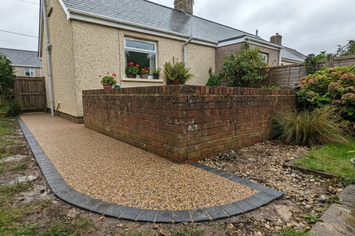 Resin bound path meeting a brick garden wall corner in a South Wales back garden